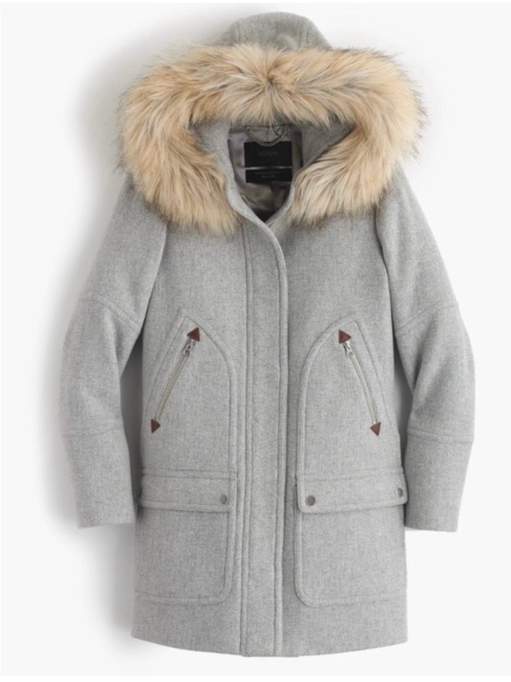 J crew stadium wool coat with fur trim